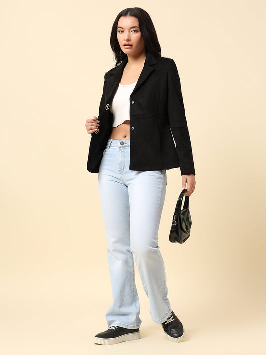 Blazer for Women | Premium Casual Blazer Regular Fit Notched Collar Suede Fabric Solid Pattern