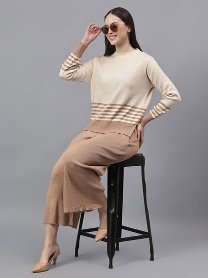 Women's Striped Ivory Round Neck Full Sleeves Co-Ord-Set