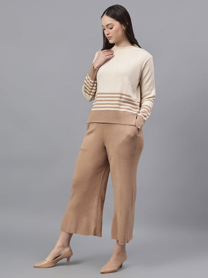 Women's Striped Ivory Round Neck Full Sleeves Co-Ord-Set