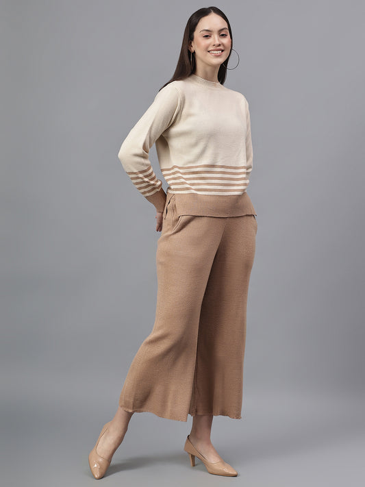 Women's Striped Ivory Round Neck Full Sleeves Co-Ord-Set