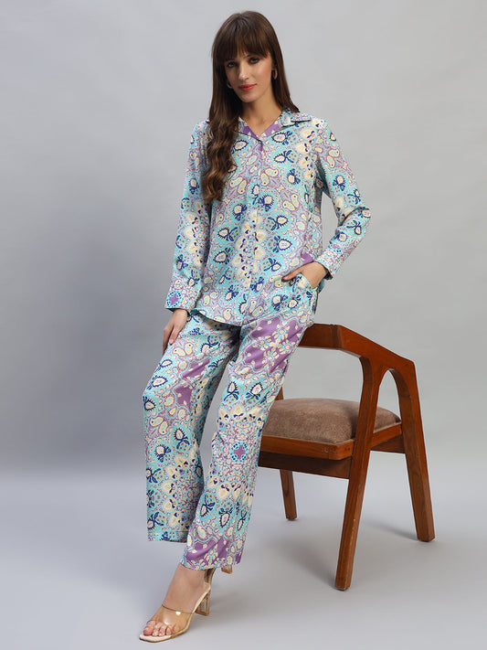 Women's Printed Multi Shirt Collar Full Sleeves Co-ord-Set