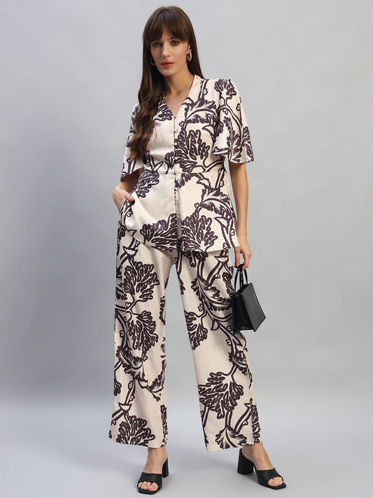 Women's Printed Beige V-Neck Half Sleeves Co-ord-Set