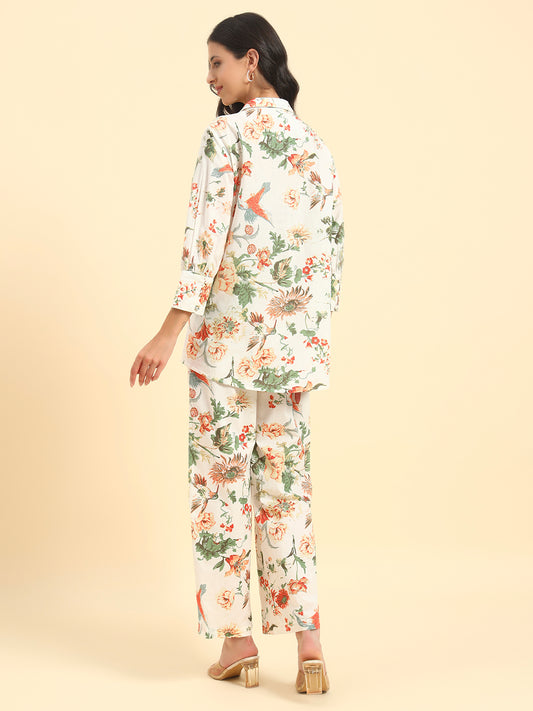 Women's Off White Printed 3/4th Sleeve Shirt Collar Co Ord Set