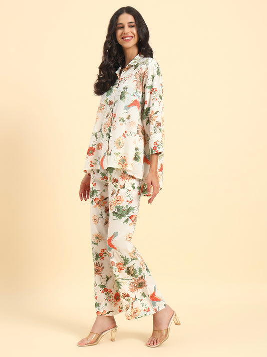 Women's Off White Printed 3/4th Sleeve Shirt Collar Co Ord Set