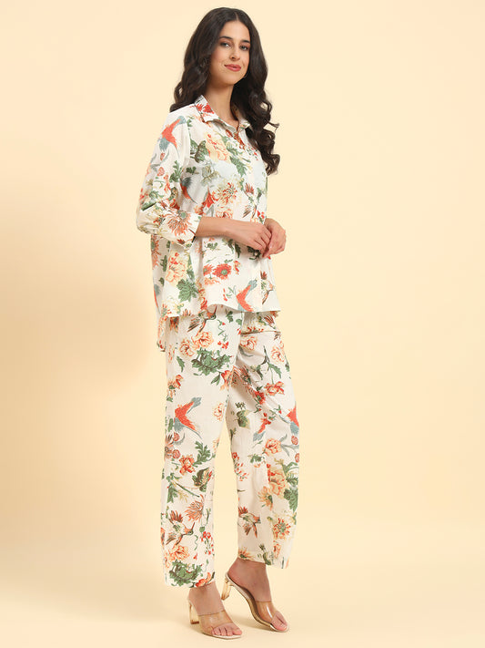 Women's Off White Printed 3/4th Sleeve Shirt Collar Co Ord Set