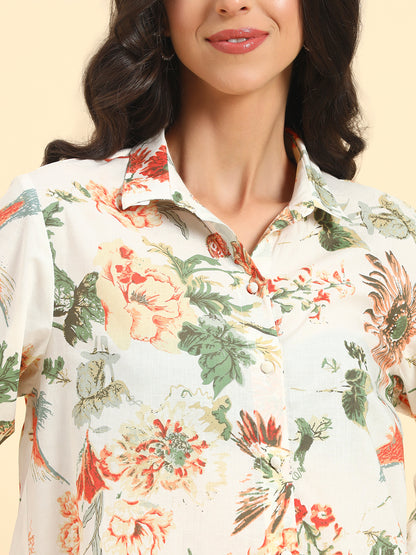 Women's Off White Printed 3/4th Sleeve Shirt Collar Co Ord Set