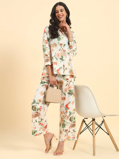 Women's Off White Printed 3/4th Sleeve Shirt Collar Co Ord Set