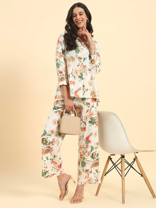 Women's Off White Printed 3/4th Sleeve Shirt Collar Co Ord Set