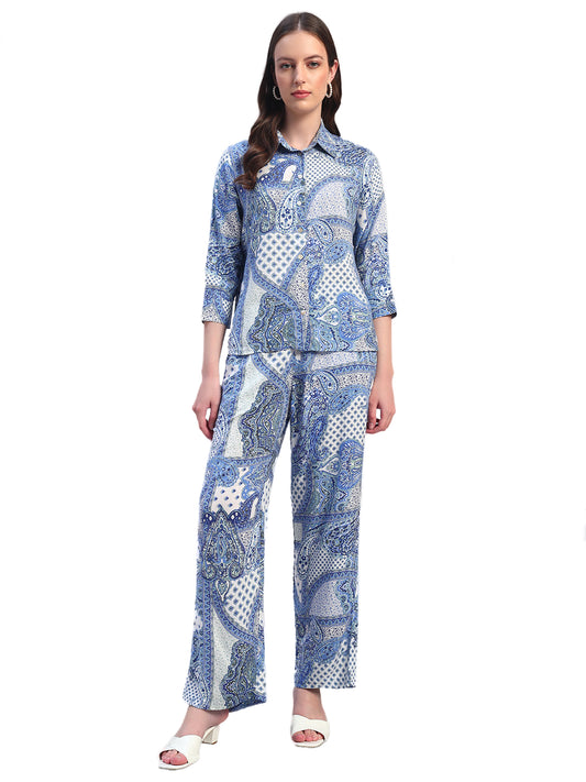 Women Printed Blue Shirt Collar 3/4th Sleeves Regular Fit  Co-Ord-Set