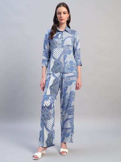 Women Printed Blue Shirt Collar 3/4th Sleeves Regular Fit  Co-Ord-Set