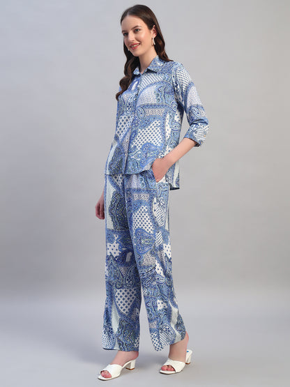 Women Printed Blue Shirt Collar 3/4th Sleeves Regular Fit  Co-Ord-Set