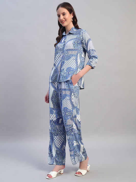Women Printed Blue Shirt Collar 3/4th Sleeves Regular Fit  Co-Ord-Set