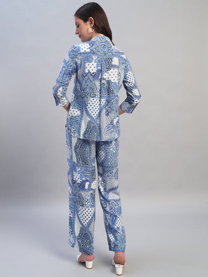 Women Printed Blue Shirt Collar 3/4th Sleeves Regular Fit  Co-Ord-Set