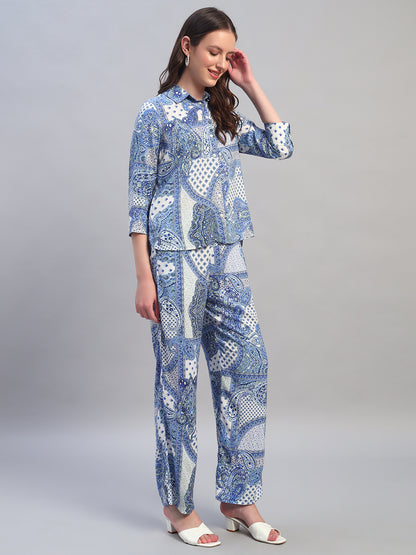 Women Printed Blue Shirt Collar 3/4th Sleeves Regular Fit  Co-Ord-Set