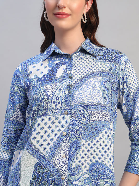 Women Printed Blue Shirt Collar 3/4th Sleeves Regular Fit  Co-Ord-Set