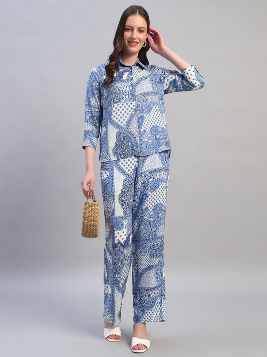 Women Printed Blue Shirt Collar 3/4th Sleeves Regular Fit  Co-Ord-Set