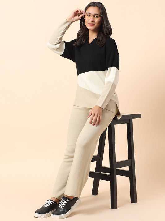 Co ord set for Women l Premium Casual Co ord Set Regular Fit Spread Collar Acrylic Fabric Colour Block Pattern