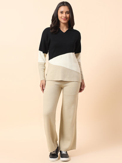 Co ord set for Women l Premium Casual Co ord Set Regular Fit Spread Collar Acrylic Fabric Colour Block Pattern