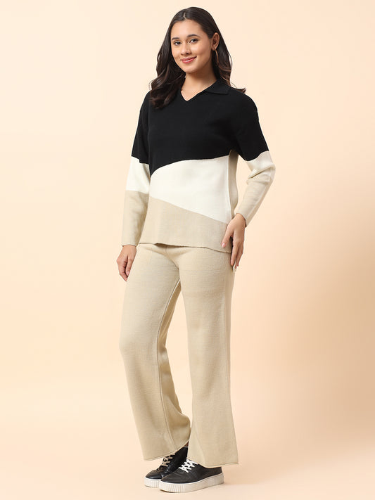 Co ord set for Women l Premium Casual Co ord Set Regular Fit Spread Collar Acrylic Fabric Colour Block Pattern