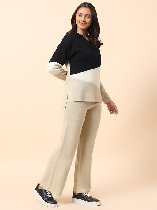 Co ord set for Women l Premium Casual Co ord Set Regular Fit Spread Collar Acrylic Fabric Colour Block Pattern