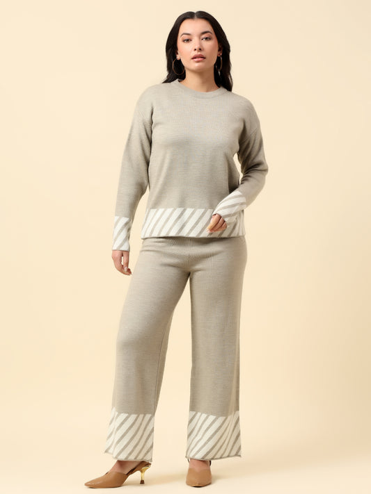 Co ord set for Women | Premium Casual Co ord Set Regular Fit Round Neck Acrylic Fabric Colour Block Pattern