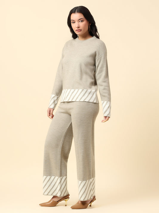 Co ord set for Women | Premium Casual Co ord Set Regular Fit Round Neck Acrylic Fabric Colour Block Pattern