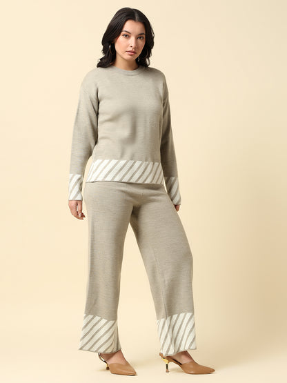 Co ord set for Women | Premium Casual Co ord Set Regular Fit Round Neck Acrylic Fabric Colour Block Pattern