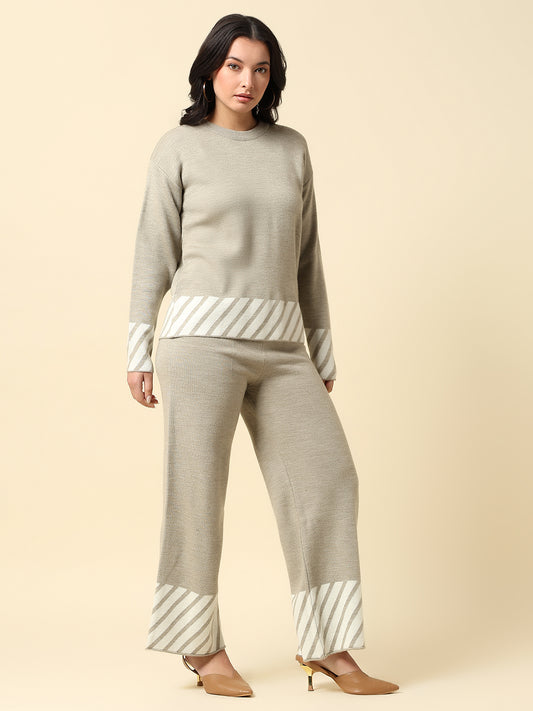 Co ord set for Women | Premium Casual Co ord Set Regular Fit Round Neck Acrylic Fabric Colour Block Pattern