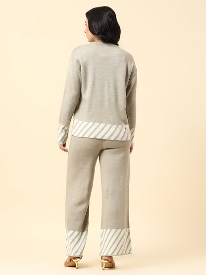 Co ord set for Women | Premium Casual Co ord Set Regular Fit Round Neck Acrylic Fabric Colour Block Pattern