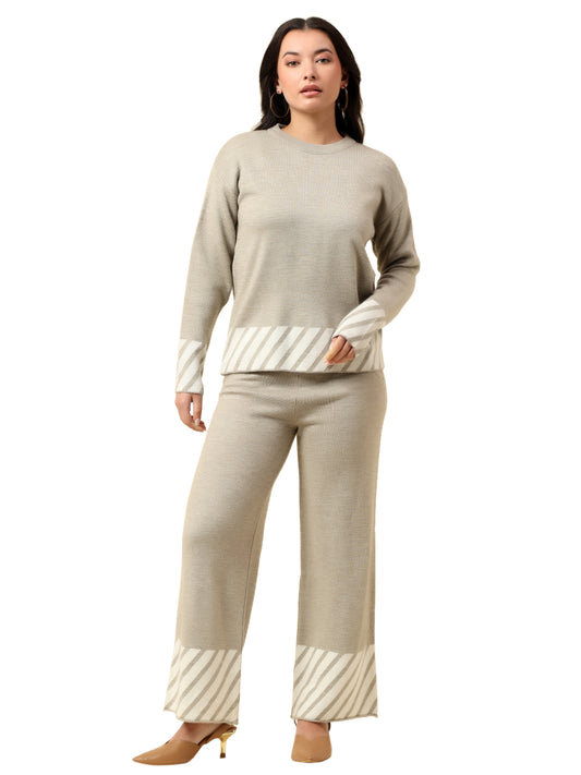 Co ord set for Women | Premium Casual Co ord Set Regular Fit Round Neck Acrylic Fabric Colour Block Pattern