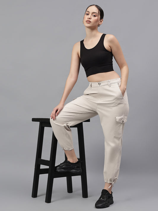 Women's Beige Solid Regular Fit Casual Cargo