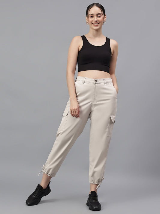 Women's Beige Solid Regular Fit Casual Cargo
