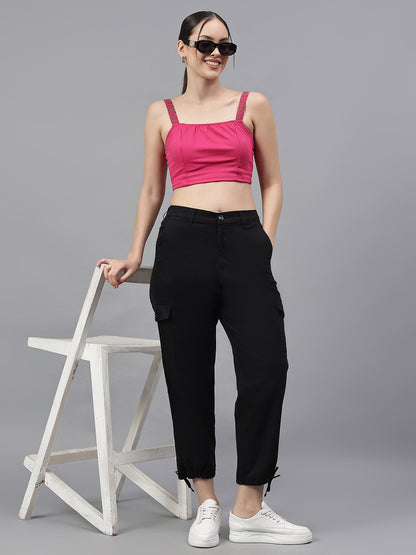 Women's Black Solid Regular Fit Casual Cargo