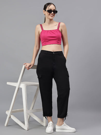 Women's Black Solid Regular Fit Casual Cargo