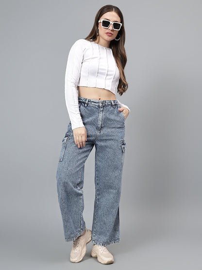 Women's Solid Blue Cargo Jeans