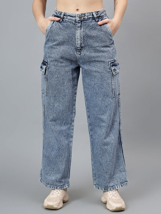 Women's Solid Blue Cargo Jeans