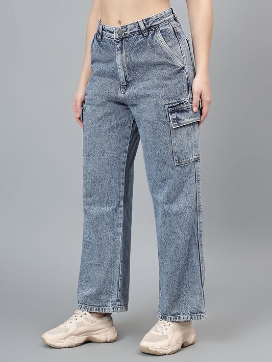 Women's Solid Blue Cargo Jeans