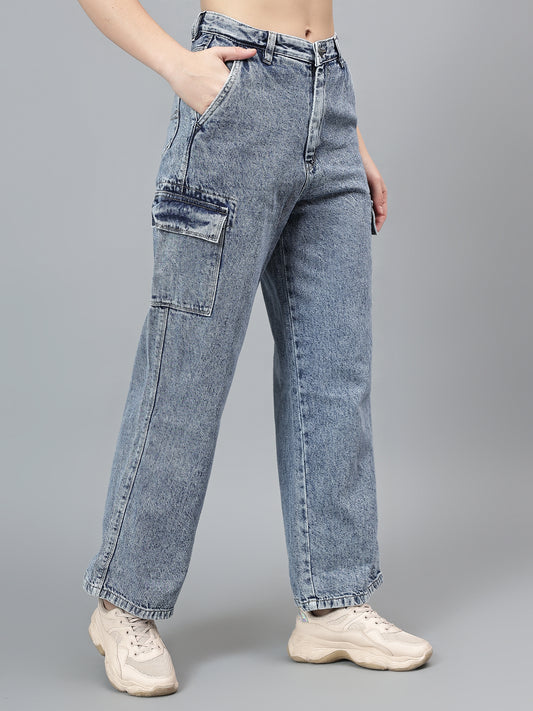 Women's Solid Blue Cargo Jeans