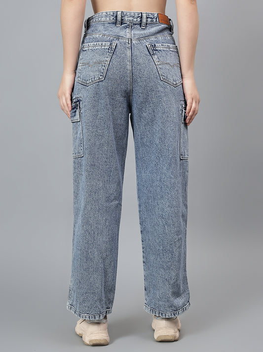 Women's Solid Blue Cargo Jeans