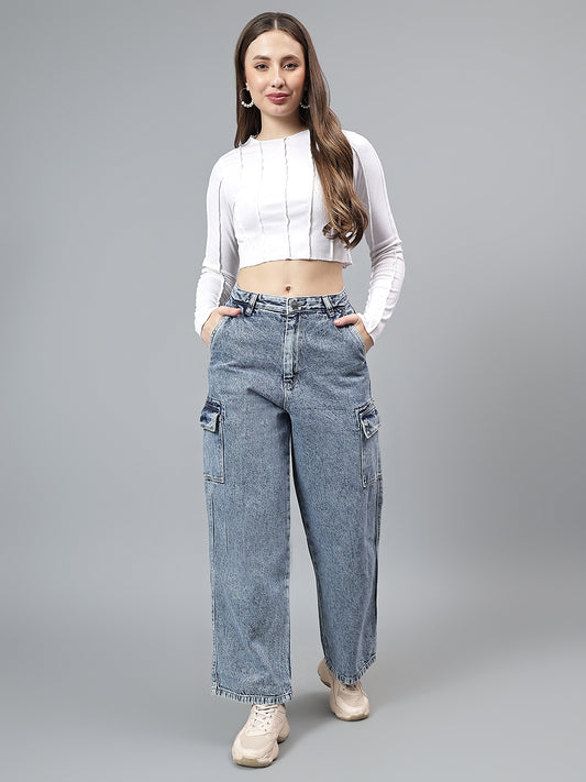 Women's Solid Blue Cargo Jeans