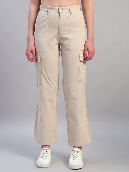 Women Beige Solid Full Length Regular Fit Cargo