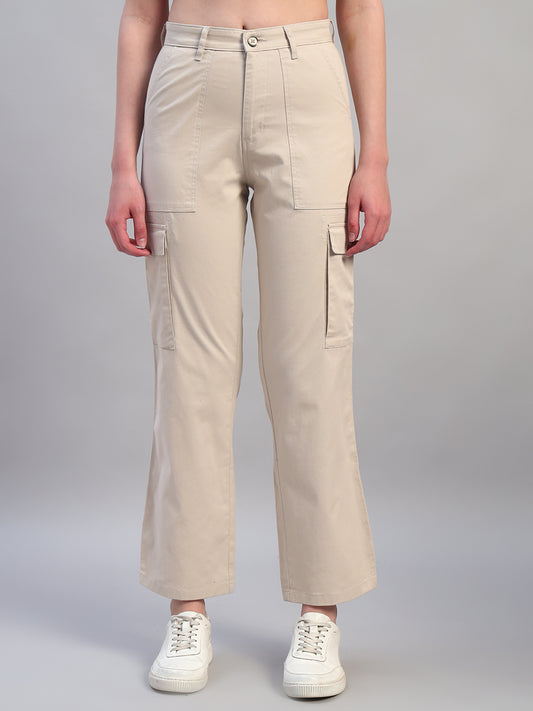 Women Beige Solid Full Length Regular Fit Cargo
