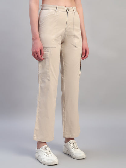 Women Beige Solid Full Length Regular Fit Cargo