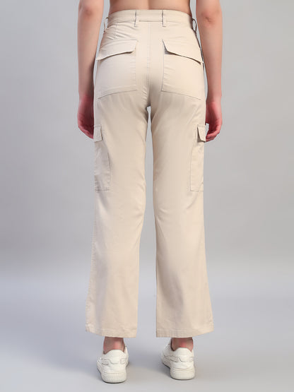 Women Beige Solid Full Length Regular Fit Cargo
