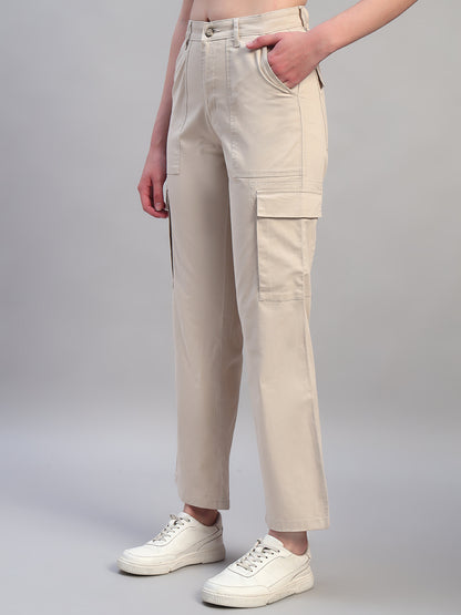 Women Beige Solid Full Length Regular Fit Cargo