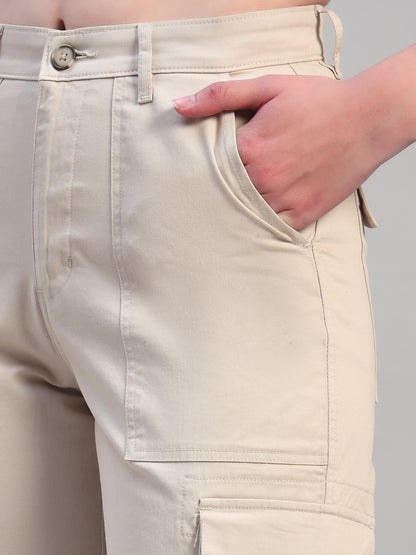 Women Beige Solid Full Length Regular Fit Cargo