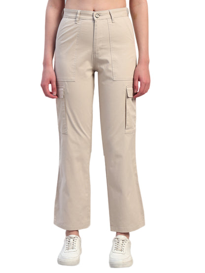 Women Beige Solid Full Length Regular Fit Cargo