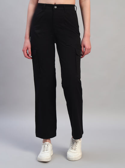 Women Black Solid Full Length Regular Fit Cargo