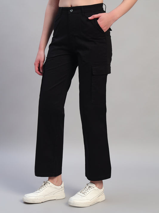 Women Black Solid Full Length Regular Fit Cargo