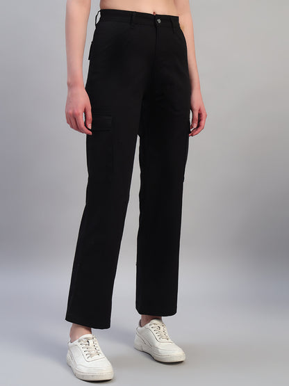 Women Black Solid Full Length Regular Fit Cargo